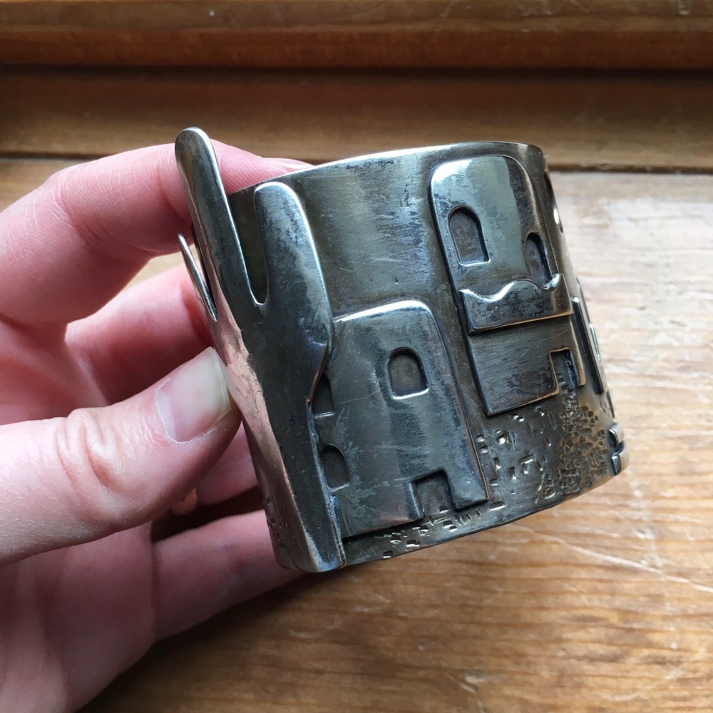 Vintage Silver Storyteller Metal Cuff Bracelet